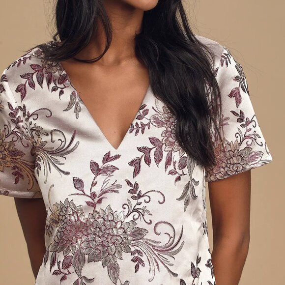 NWT Lulus Go with the Glow Metallic Purple Floral Jacquard Shift Dress - Picture 3 of 8